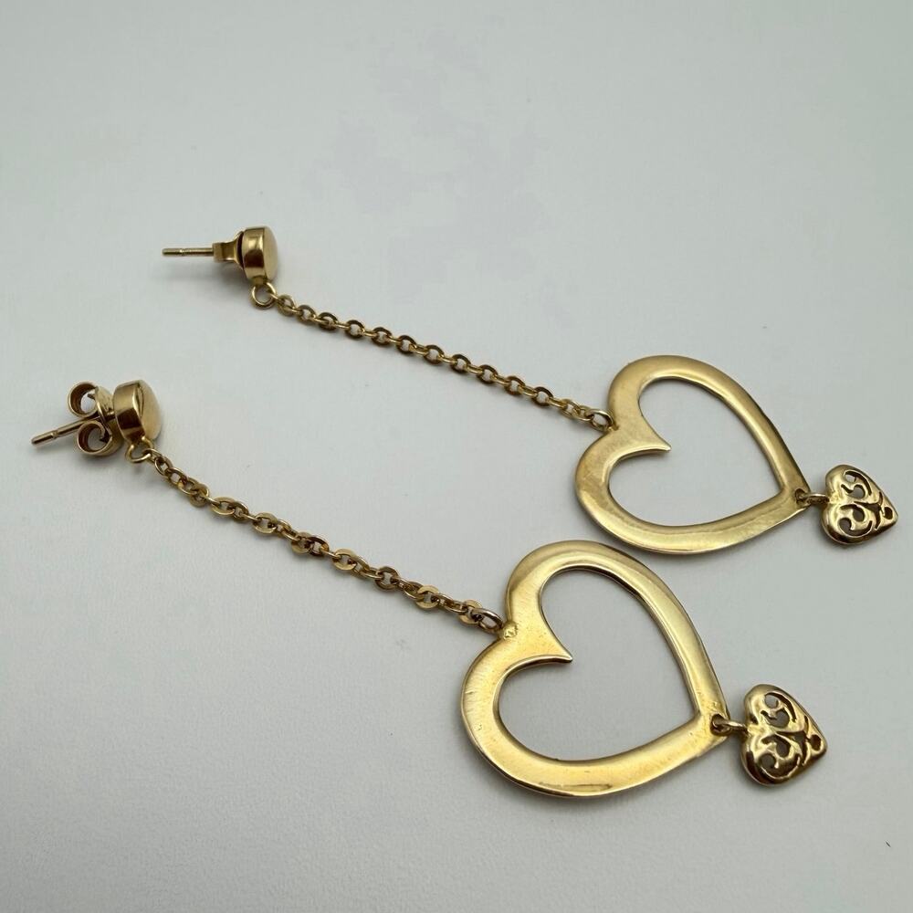 14K Yellow Gold Open Heart Dangle Drop Chain Earrings Italian Fine Jewelry 4.66g